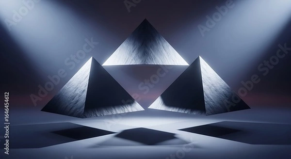 Obraz A 3D rendering featuring illuminated pyramids against a backdrop light design