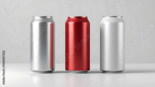 Fototapeta Three tall aluminum beverage cans, one metallic silver, one glossy red, and one matte white, are displayed in a studio setting with high detail and studio lighting.