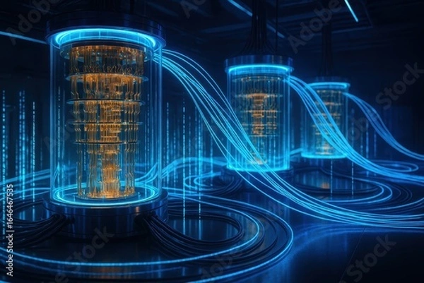 Obraz Quantum computer data center with glowing processors analyzing complex algorithms in real-time visualization