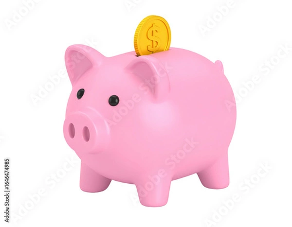 Fototapeta Pink piggy bank with a golden dollar coin going into the slot, on a black background, savings concept, investment, secure finance, 3D render.