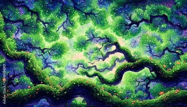 Fototapeta OLHANDO PARA CIMA: DOSSEL DE ÁRVORE ANTIGA COM RAMOS RETORCIDOS