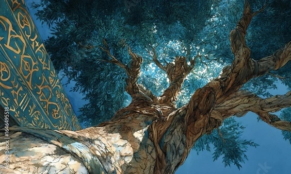 Fototapeta OLHANDO PARA CIMA: DOSSEL DE ÁRVORE ANTIGA COM RAMOS RETORCIDOS