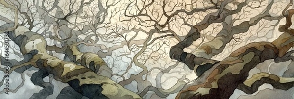 Fototapeta OLHAR PARA CIMA: DOSSEL SOMBRIO COM GALHOS NUS ENTRELAÇADOS