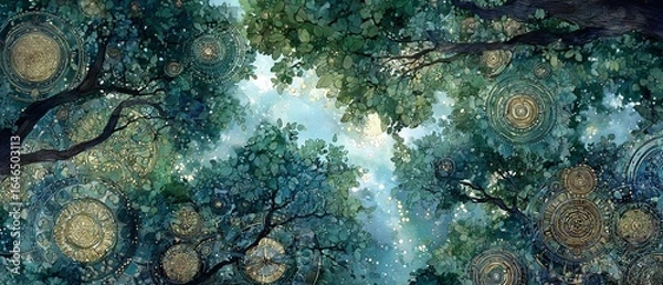 Fototapeta OLHANDO PARA CIMA: DOSSEL DE FOLHAGEM VERDE HÍBRIDA ENTRELAÇADA