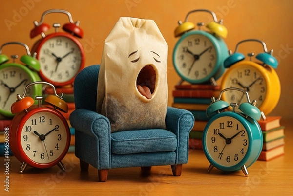 Fototapeta A tea bag with a sleepy, yawning face sitting on a miniature blue armchair, surrounded by colorful alarm clocks in red, yellow, and teal, all placed atop stacks of books - Generative AI