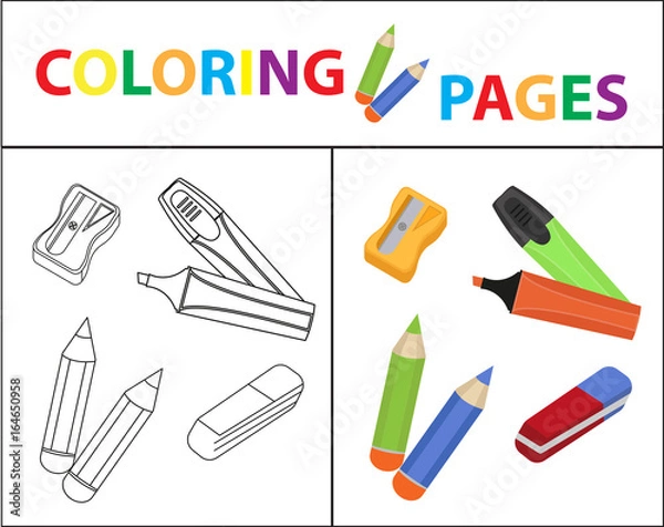 Fototapeta Coloring book page. Back to school set, marker, pencils, sharpener, eraser. Sketch outline and color version. Coloring for kids. Childrens education. Vector illustration