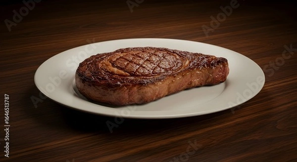 Fototapeta ​A perfectly cooked, juicy steak with a well-seared, dark crust and distinct grill marks, served on a simple white plate on a rich, dark wooden table.