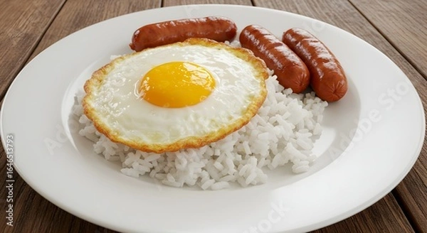 Fototapeta ​A simple breakfast plate with a sunny-side-up fried egg resting on a bed of fluffy white rice, accompanied by three savory sausages, all on a white plate.