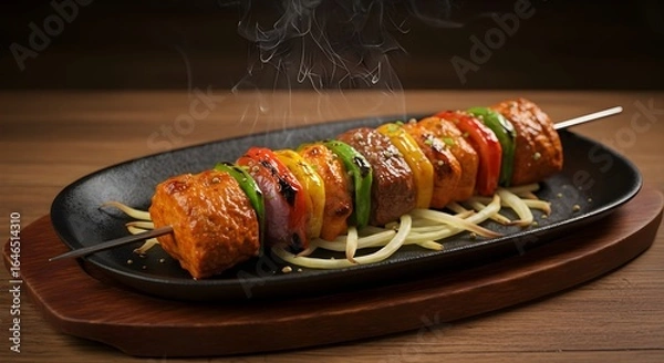 Fototapeta ​A vibrant and colorful skewer of grilled meat and vegetables, including bell peppers and red onions, presented on a bed of bean sprouts on a sizzling black plate.