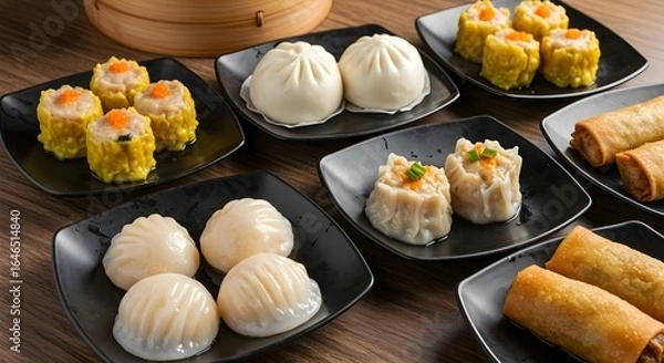 Fototapeta A delicious spread of fresh dim sum, including steamed dumplings, siu mai with roe, and golden-brown spring rolls, served on several black plates on a wooden table.
