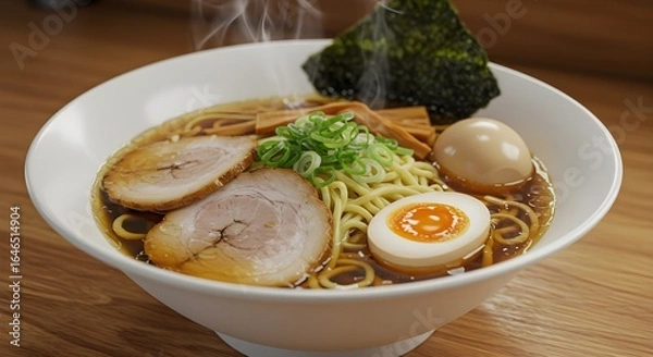 Fototapeta An authentic bowl of ramen with noodles, chashu pork, a soft-boiled egg, green onions, and nori. Steam rises from the hot broth, all in a white bowl on a wooden table.