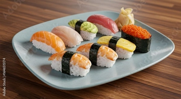 Fototapeta ​An assortment of fresh and colorful nigiri sushi, featuring salmon, shrimp, and tuna, alongside a piece of roe-topped gunkanmaki and pickled ginger on a blue plate.
