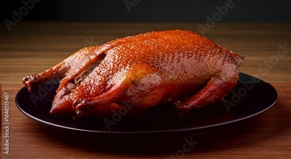 Fototapeta ​A whole roasted Peking duck with a glossy, reddish-brown skin, presented on a simple black plate against a dark background and a wooden surface.