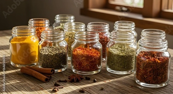 Fototapeta ​A vibrant collection of various spices in clear glass jars, arranged on a rustic wooden table with scattered cinnamon sticks and star anise. Sunlight streams through a window in the background.