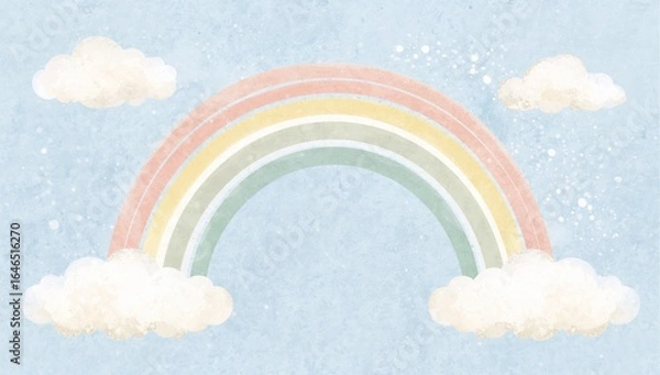 Fototapeta Pastel Watercolor Rainbow with Fluffy Clouds Against a Light Blue Sky Illustration