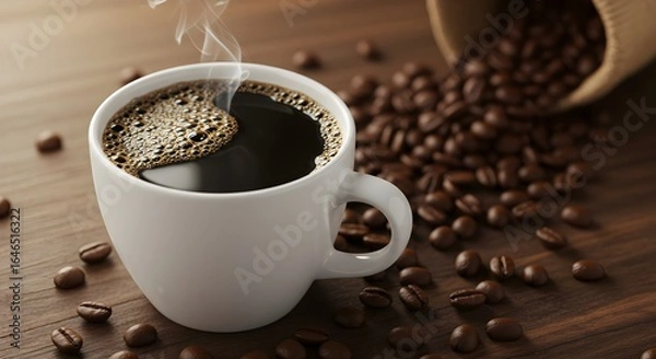 Fototapeta ​A freshly brewed cup of hot coffee with rising steam and a frothy head, surrounded by scattered roasted coffee beans spilling from a burlap sack on a rustic wooden table.