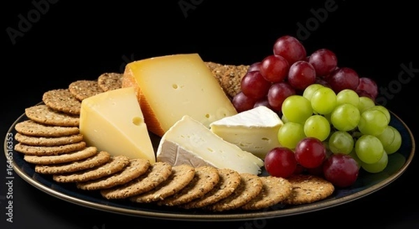 Fototapeta An elegant cheese platter featuring an assortment of cheeses, round crackers, and bunches of fresh red and green grapes, all arranged on a dark plate against a black background.