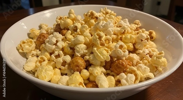 Fototapeta ​A close-up of a white bowl filled with a delicious mix of light and fluffy popcorn and rich caramel popcorn, resting on a dark wooden table.