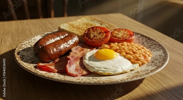 Fototapeta ​A hearty English breakfast featuring a fried egg, sausages, crispy bacon, baked beans, grilled tomatoes, and toast, presented on a decorative plate with warm lighting.