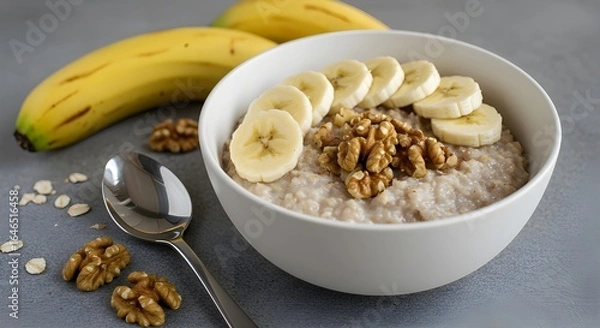 Fototapeta ​A bowl of creamy oatmeal topped with sliced bananas and walnuts. A spoon rests next to the bowl, with more bananas and walnuts in the background on a grey surface.