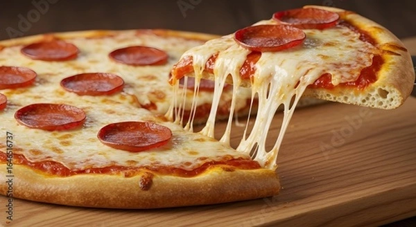 Fototapeta ​A mouth-watering slice of pepperoni pizza is being lifted from the whole pie, showing a glorious cheese pull and melted cheese on a wooden board.