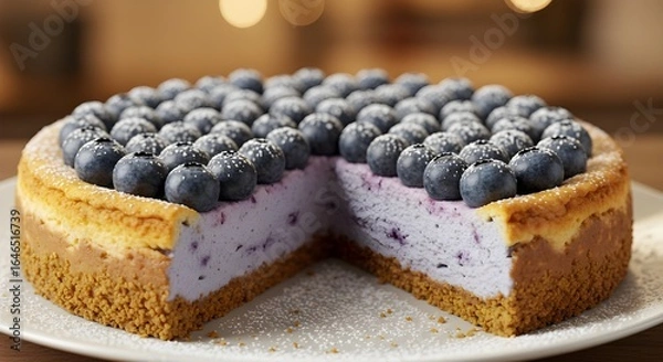 Fototapeta ​A delicious blueberry cheesecake sits on a white plate, topped with fresh blueberries and powdered sugar. A missing slice shows the creamy, purple-swirled interior and golden-brown crust.