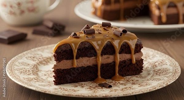 Fototapeta ​A delicious slice of chocolate cake with a thick layer of chocolate mousse and a generous drizzle of caramel sauce, topped with chocolate curls on a decorative plate.