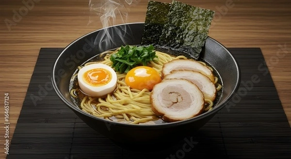 Fototapeta ​A steaming bowl of ramen with sliced pork, soft-boiled egg, green onions, and nori, served on a black mat over a wooden surface.