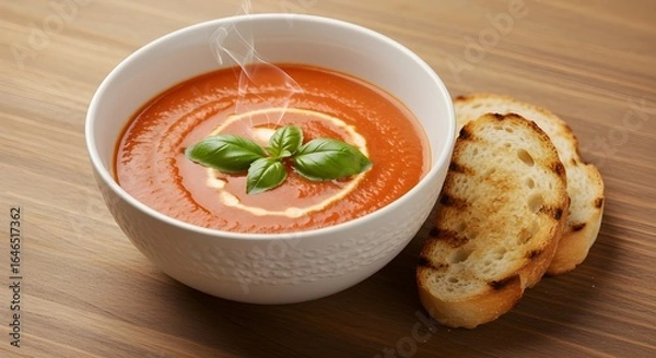 Fototapeta A warm bowl of creamy tomato soup with a swirl of cream and a fresh basil garnish, served with two slices of toasted bread on a wooden table.