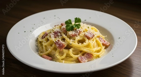 Fototapeta A plate of classic spaghetti carbonara, generously topped with crispy pancetta, grated cheese, and a fresh parsley garnish, ready to be enjoyed.
