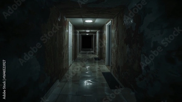 Fototapeta Showing basement hallway with tiled floor in water puddles and peeling walls under ceiling lights