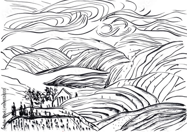 Fototapeta Abstract Ink Landscape Drawing of Hills, Sky, and Countryside Scene in Black and White