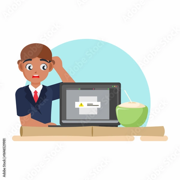 Fototapeta Digital Dilemma: A frustrated individual faces a tech issue, a laptop screen error, paired with a refreshing coconut.