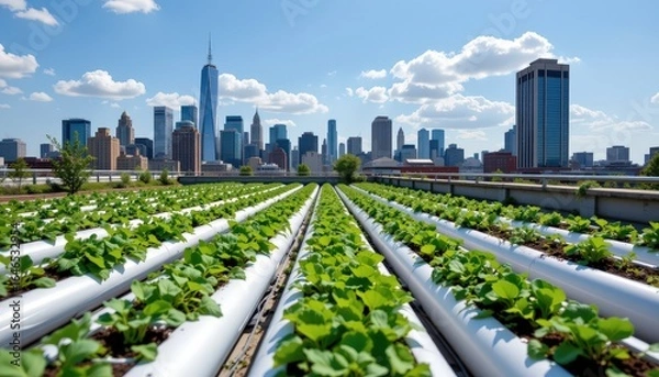 Fototapeta Urban Farming Action Rooftop Garden Rows New York City Urban Environment Aerial View Sustainable Concept