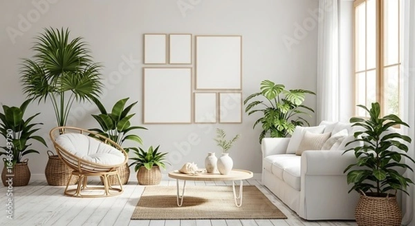 Fototapeta Living room interior with white sofa, wicker chair, coffee table, and multiple potted plants arranged around blank picture frames on the wall.