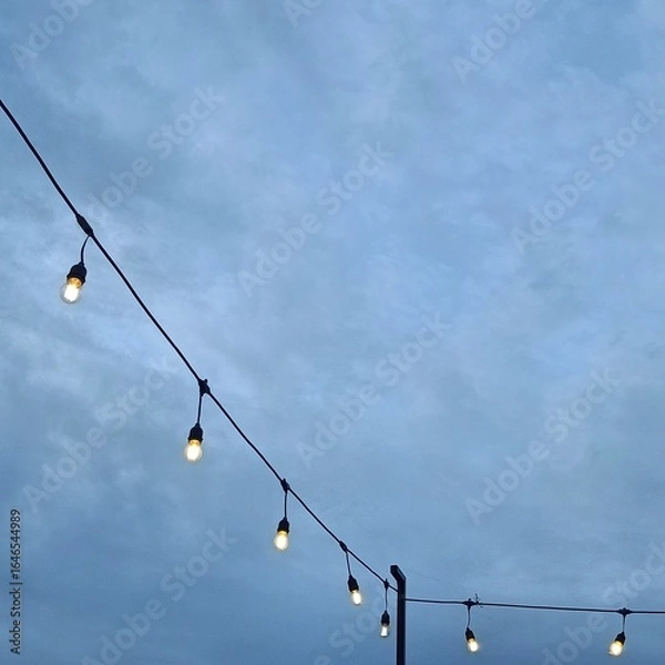 Obraz A string of hanging light bulbs glowing under a cloudy evening sky.