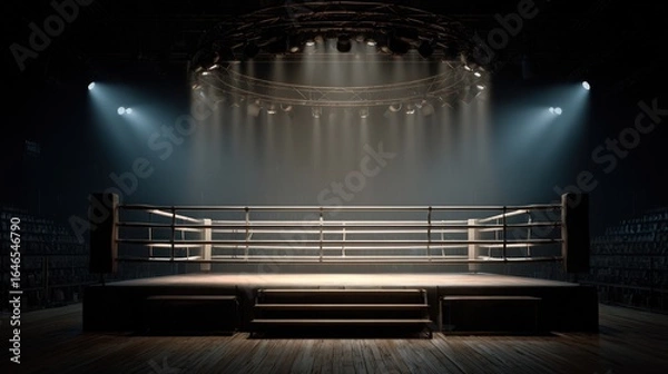 Fototapeta A dark, empty boxing ring, illuminated by spotlights, ready for a match