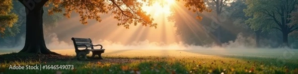 Obraz A deserted bench in a tranquil park, morning mist, nature, dawn, quiet