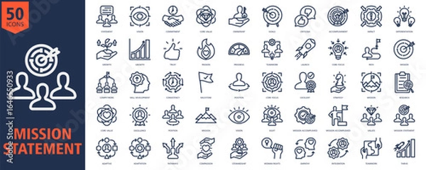 Fototapeta Mission Statement Icon Set Outline with statement, vision, commitment, core value, ownership, goals, criticism, accomplishment, impact
