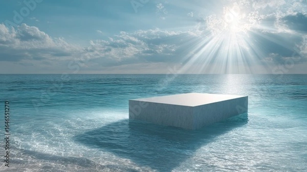 Fototapeta Platform in ocean, sunbeams pierce clouds