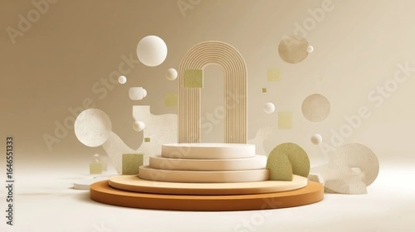Fototapeta Geometric platform, arch, spheres, squares in neutral colors