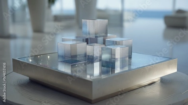 Fototapeta Geometric cubes sit on square base, soft light