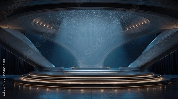 Fototapeta Futuristic stage; light beam, concentric circles, modern