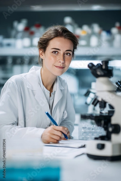 Fototapeta Midday in a medical research lab with microscopes and charts. A young scientist tests samples for disease research