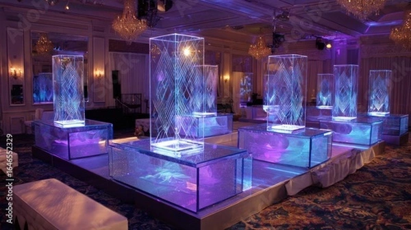 Fototapeta Illuminated geometric forms on platforms, event lighting