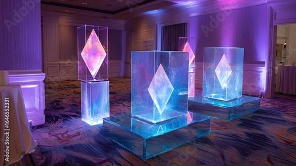 Fototapeta Lit translucent diamond shapes in cubes on pedestals