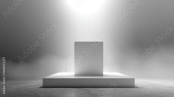 Fototapeta White block on platform, bright light, foggy background