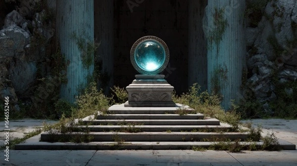 Fototapeta Orb on plinth amidst stone, overgrown, mysterious light