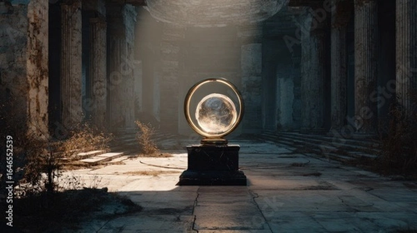 Fototapeta Orb in ruinous hall, illuminated