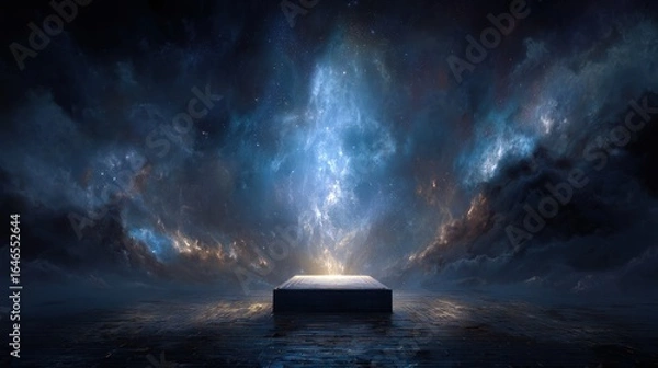 Fototapeta A dark, square platform sits in a cosmic landscape, illuminated from below by a bright, ethereal column of light rising from within a nebula-like sky